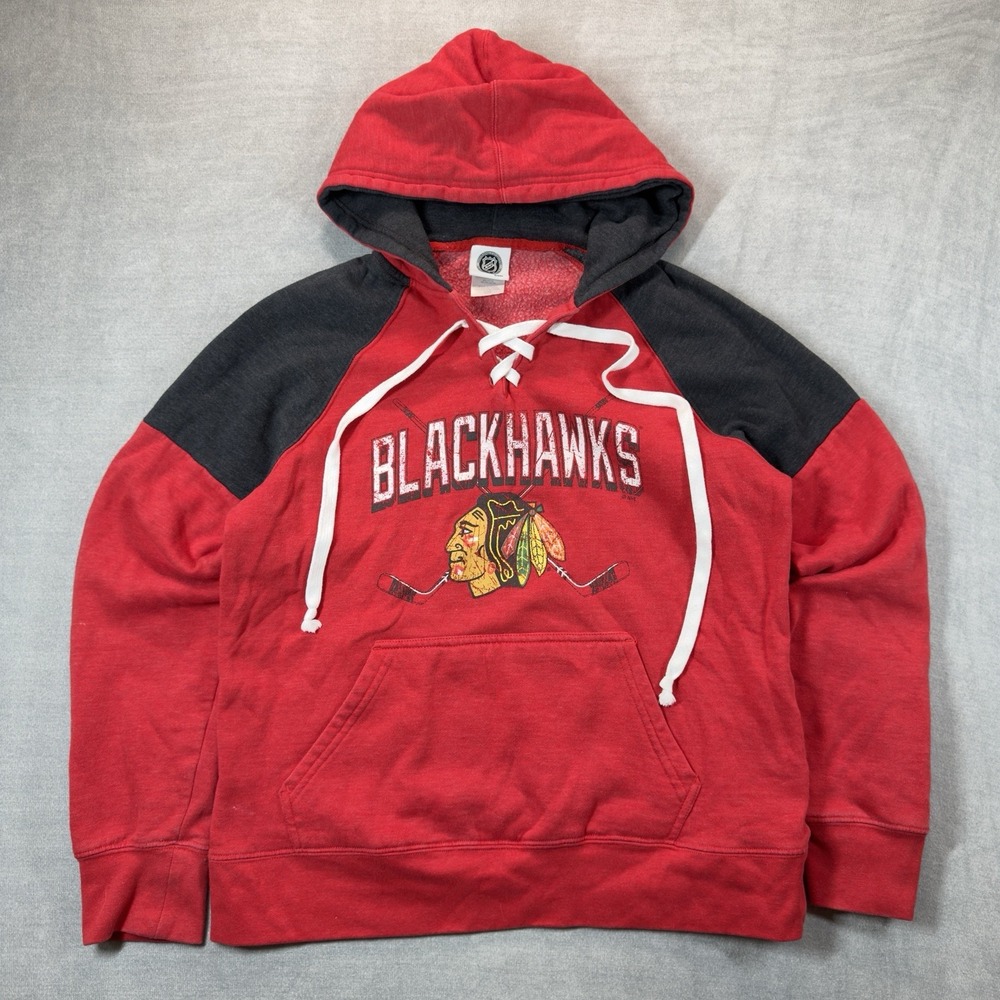 NHL Chicago Blackhawks Hoodie Womens Large Lace Up Color Block Hockey Fleece